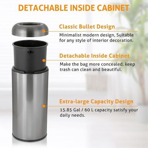 WICHEMI 16 Gallon Commercial Large Trash Can, Bullet Outdoor Trash Bin with Open Top Lid, Brushed Stainless Steel Garbage Can, Silver in Saudi Arabia