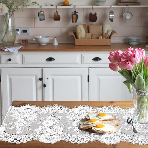 cobee 12 Pcs White Lace Table Runners, 14 x 120 Inch Rustic Embroidered Boho Table Runner Vintage Floral Wedding Decoration for Bridal Shower Vintage Party Decor in Saudi Arabia