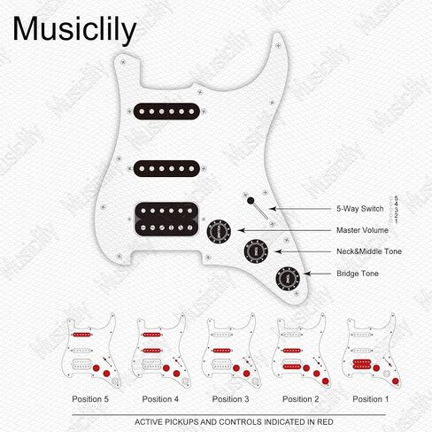 MusicLily Pro-Se ST-HSS-60SE Pickguard مسبقًا مع Alnico 5 Pickups 5-Way Switch للغيتار الكهربائي Strat ، 3ply Black in Kuwait