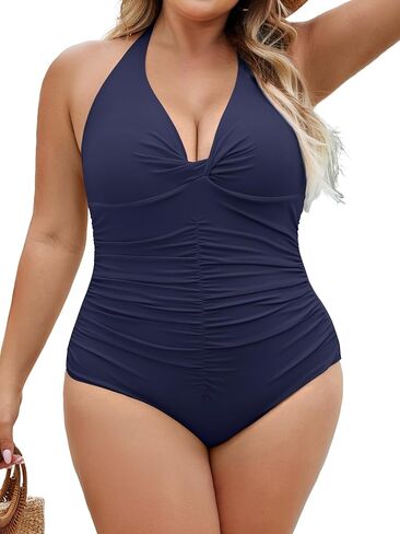 B2Prity Women's Plus Size One One Swimsuit Control Control Ruched Druched Simpling Suit Halter V Deckwear in Saudi Arabia