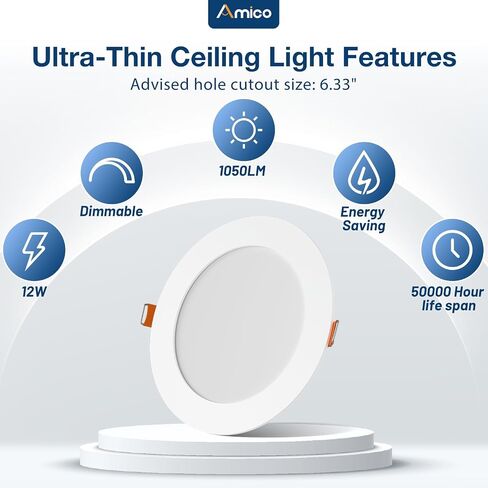Amico 48 Pack 6 Inch 5CCT Ultra-Thin LED Recessed Ceiling Light with Metal Junction Box, 2700K-5000K Selectable, 12W Eqv 110W, Dimmable Canless Wafer Downlight with Plastic Trim, 1050 Lumens -ETL&FCC in Saudi Arabia