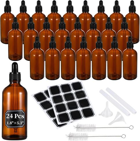 Homaisson 24 Pack 3.4 أوقية زجاجة قطارة زجاجية ، 100 مل من الزجاجات العطرية العنبر مع القمع ، الملصقات والفرش ، زجاجات صبغة تسرب معطرات العين للعطور وزيت الشعر وسوائل السفر in Saudi Arabia