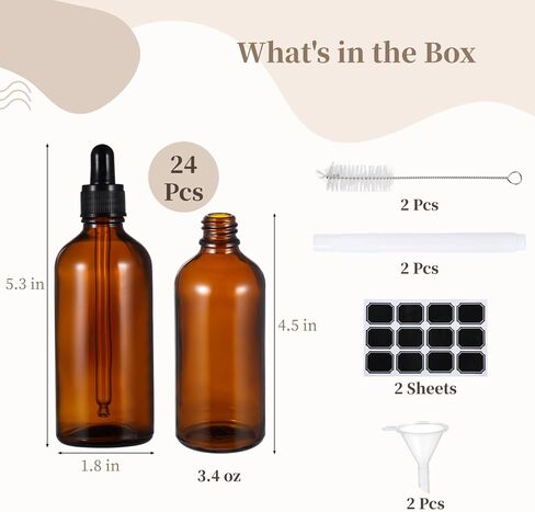 Homaisson 24 Pack 3.4 أوقية زجاجة قطارة زجاجية ، 100 مل من الزجاجات العطرية العنبر مع القمع ، الملصقات والفرش ، زجاجات صبغة تسرب معطرات العين للعطور وزيت الشعر وسوائل السفر in Saudi Arabia
