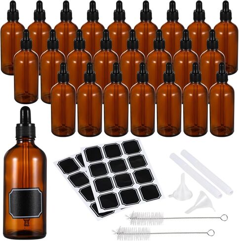 Homaisson 24 Pack 3.4 أوقية زجاجة قطارة زجاجية ، 100 مل من الزجاجات العطرية العنبر مع القمع ، الملصقات والفرش ، زجاجات صبغة تسرب معطرات العين للعطور وزيت الشعر وسوائل السفر in Saudi Arabia