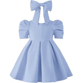 OYOANGLE Girl's Cute Short Puff Sleeve Round Neck Bow Back Flared A Line Short Dress Birthday Outfits