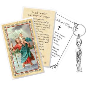 Saint Christopher Motorist Card - St Christopher Keychain For Car Keys, Lord's Prayer - Laminated St Christopher Motorist Prayer Card - Saint Christopher Prayer Card for Travelers Themed Set - 3 Items