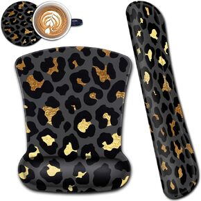Mouse Pad with Ergonomic Wrist Support and Memory Foam Keyboard Wrist Rest, Non-Slip PU Base Gel Mouse Mat, Keyboard Palm Rest for Home Office Wireless Gaming Desk Pad Gold & Black Leopard