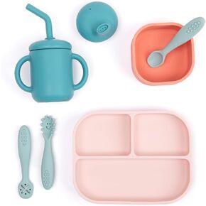 Bella Tunno Little Bites Bundle – Baby Feeding Set and Baby Led Weaning Supplies with 1 Baby Bowl, 1 Baby Plate, 3 Baby Utensils, 1 Cup, 2 Lids, 100% Food-Grade Silicone (Circus Fun)