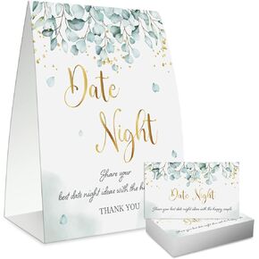 51Pcs Date Night Sign with Cards, Bridal Shower Wedding Eucalyptus Share Card Party Decorations Kit (1 Sign + 50 Cards) WI06