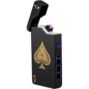 LcFun Electric Lighters Rechargeable USB Lighter, Dual Arc Plasma Lighter, Windproof Flameless Electronic Lighter, Pocket Metal Lighter with LED Battery Indication for Candles, Camping (Black Ace)