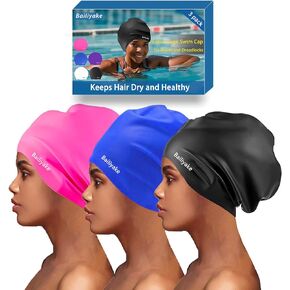 3 Pack Extra Large Swim Cap for Braids and Dreadlocks,Waterproof Silicone Swim Cap for Women,Long Hair Swim Cap Swim Hat Cover Ear Bathing Shower Swimming Cap