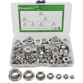 170Pcs M3 M4 M5 M6 M8 M10 M12 304 Stainless Steel Hex Flange Nuts Assortment Kit