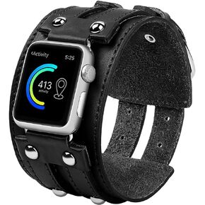 Genuine Leather Band Compatible with Apple Watch Ultra 2/Ultra Bands 38/40/41/42/44/45/49mm Men Women Wrist, Wide Sport Leather Strap Bracelet Replacement Bands for iWatch Ultra Series SE 9 8 7 6 5 4 3 2 1