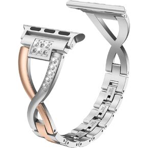 Wearlizer Pure Gold Silver Compatible with Apple Watch Band 38mm 40mm 41mm Womens for iWatch Color Matching 2-Tone Bling Rhinestone Metal Wristband Strap X-Link Bracelet Series SE/9/8/7/6/5/4/3/2/1