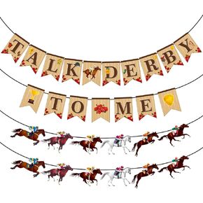 4 Pieces Derby Party Decorations Talk Derby to Me Banners Horse Racing Rose Flower Paper Garland Banner for Fireplace Mantle Decor Derby Day Horse Race Theme Birthday Party Supplies