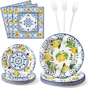 96Pcs Capri Lemon Party Plates Supplies Blue Tiles Yellow Lemon Party Tableware Decorations Summer Citrus Fruit Disposable Paper Plates Napkins Forks for Kids Birthday Baby Shower, Serves 24