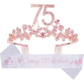 وشاح وتاج عيد الميلاد الخامس والسبعين للنساء - وشاح لامع رائع + تاج معدني فاخر من حجر الراين باللون الوردي على شكل أوراق الشجر، هدايا عيد الميلاد الخامس والسبعون للاحتفال بـ 75 عامًا in Kuwait