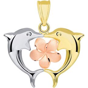 14k Tri Color Gold Kissing Dolphins with Hawaiian Plumeria Flower Pendant