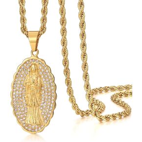 ROWIN&CO Virgin Mary Necklace Hip Hop Iced Out Women/Men 18k Gold Plated Christian Jewelry Oval Diamond Miraculous Pendant Necklace.