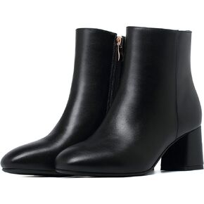 SHEMEE Women's Square Toe Chunky Ankle Booties Block Mid Heel Side Zipper Short Boots