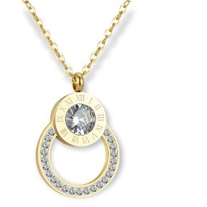 Stainless Steel Gold Plated Dainty Roman Numerals Ring Shaped Pendant Necklace