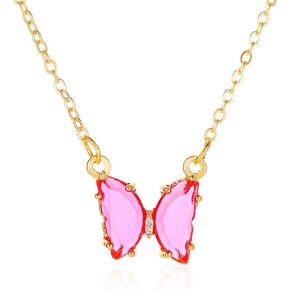Colorful Butterfly Crystal Pendant Necklace Gold Plated Dainty Cute Pink Moth Wing Animal Shine Rhinestone Cubic Zirconia Adjustable Chain Necklace for Women Girls Minimalist Birthday Christmas Jewelry Gifts