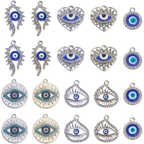 SUNNYCLUE 1 Box 40Pcs 5 Styles Silver Evil Eyes Charms Gold Eye Charms Bulk Alloy Enamel Rhinestone Heart Round Flatback Charm for Jewelry Making Charms Women DIY Necklaces Earrings Bracelets Crafts