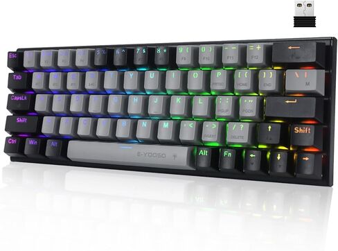 HUO JI 60% Wireless Mechanical Keyboard, Bluetooth/2.4Ghz/Wired 3-Mode, RGB LED Backlit, Red Switch, 63 Keys Compact Gaming Keyboard for PC, Tablet, Grey/Black in Kuwait