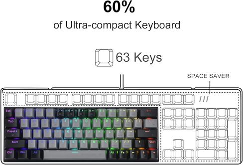 HUO JI 60% Wireless Mechanical Keyboard, Bluetooth/2.4Ghz/Wired 3-Mode, RGB LED Backlit, Red Switch, 63 Keys Compact Gaming Keyboard for PC, Tablet, Grey/Black in Kuwait