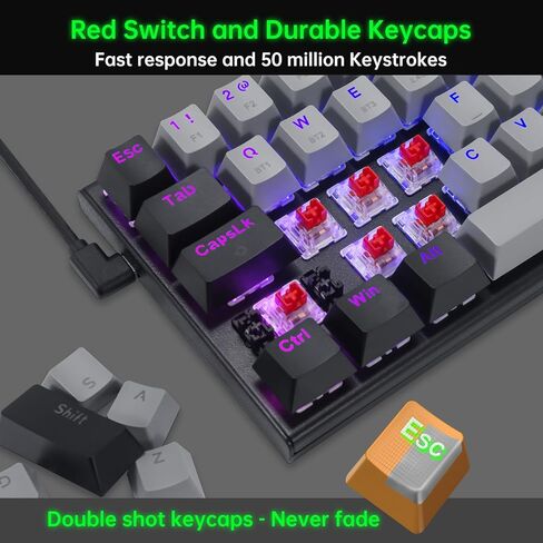 HUO JI 60% Wireless Mechanical Keyboard, Bluetooth/2.4Ghz/Wired 3-Mode, RGB LED Backlit, Red Switch, 63 Keys Compact Gaming Keyboard for PC, Tablet, Grey/Black in Kuwait