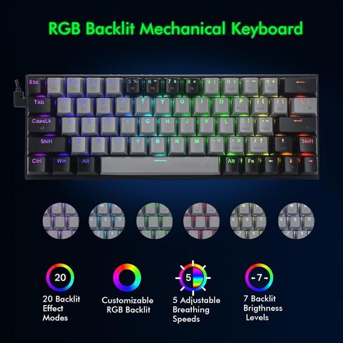 HUO JI 60% Wireless Mechanical Keyboard, Bluetooth/2.4Ghz/Wired 3-Mode, RGB LED Backlit, Red Switch, 63 Keys Compact Gaming Keyboard for PC, Tablet, Grey/Black in Kuwait