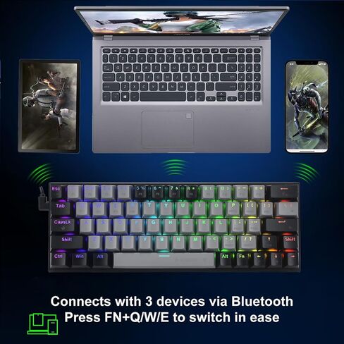 HUO JI 60% Wireless Mechanical Keyboard, Bluetooth/2.4Ghz/Wired 3-Mode, RGB LED Backlit, Red Switch, 63 Keys Compact Gaming Keyboard for PC, Tablet, Grey/Black in Kuwait