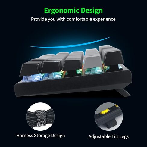 HUO JI 60% Wireless Mechanical Keyboard, Bluetooth/2.4Ghz/Wired 3-Mode, RGB LED Backlit, Red Switch, 63 Keys Compact Gaming Keyboard for PC, Tablet, Grey/Black in Kuwait