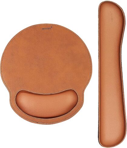 Leather Round Mouse Pad Wrist Support & Gaming Keyboard Pad Set – Durable Ergonomic Anti Slip Non-Slip Base Rest Support - Brown in Saudi Arabia