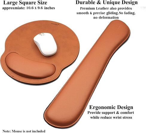 Leather Round Mouse Pad Wrist Support & Gaming Keyboard Pad Set – Durable Ergonomic Anti Slip Non-Slip Base Rest Support - Brown in Saudi Arabia