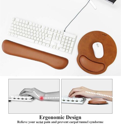 Leather Round Mouse Pad Wrist Support & Gaming Keyboard Pad Set – Durable Ergonomic Anti Slip Non-Slip Base Rest Support - Brown in Saudi Arabia