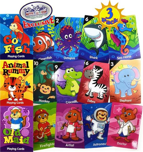 مجموعة ألعاب ورق اللعب الكلاسيكية الفاخرة من Matty's Toy Stop Deluxe Jumbo (6.75 بوصة × 4.75 بوصة) تتميز بـ Go Fish وOld Maid وAnimal Rummy - 3 عبوات in Saudi Arabia