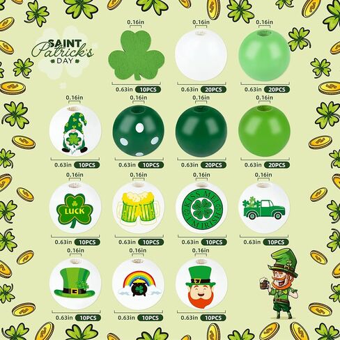 180 قطعة من الخرز الخشبي لعيد القديس باتريك، خرز خشبي أخضر، خرز شامروك محظوظ لصنع المجوهرات، 16 ملم من خرز البرسيم بيرة جنوم الزاهي لتزيين الحفلات في يوم باتريك in Kuwait