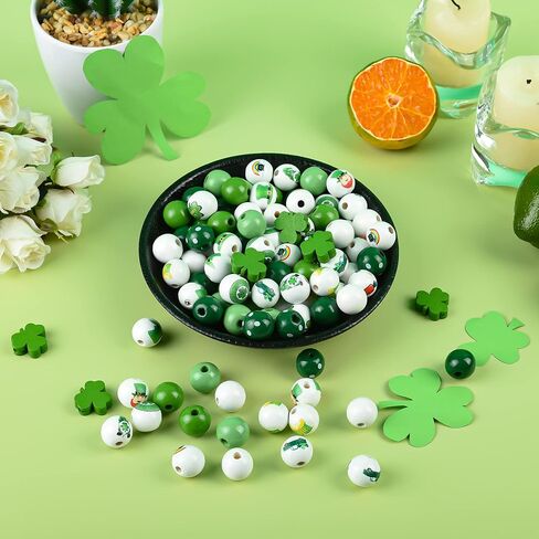 180 قطعة من الخرز الخشبي لعيد القديس باتريك، خرز خشبي أخضر، خرز شامروك محظوظ لصنع المجوهرات، 16 ملم من خرز البرسيم بيرة جنوم الزاهي لتزيين الحفلات في يوم باتريك in Kuwait