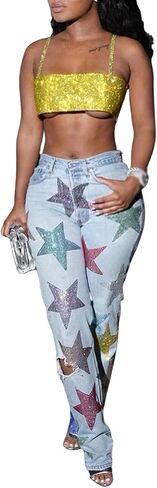 xxxiticat Women's Sequined Star Print Denim Pants High Waist Multi-Color Colorful Glitter Shiny Destroy Ripped Jean Trousers in Saudi Arabia