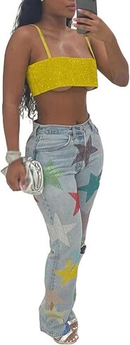 xxxiticat Women's Sequined Star Print Denim Pants High Waist Multi-Color Colorful Glitter Shiny Destroy Ripped Jean Trousers in Saudi Arabia