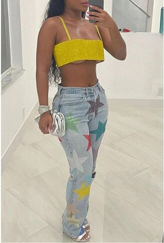 xxxiticat Women's Sequined Star Print Denim Pants High Waist Multi-Color Colorful Glitter Shiny Destroy Ripped Jean Trousers in Saudi Arabia