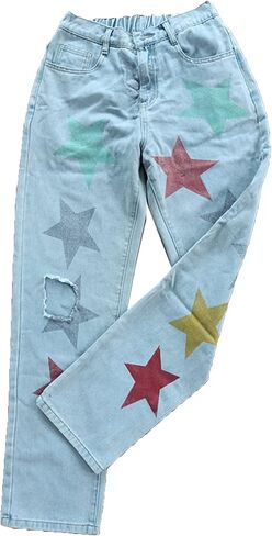 xxxiticat Women's Sequined Star Print Denim Pants High Waist Multi-Color Colorful Glitter Shiny Destroy Ripped Jean Trousers in Saudi Arabia