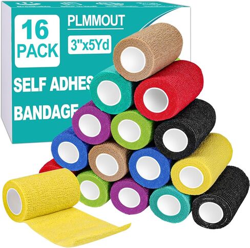 16 حزمة من الضمادات ذاتية اللصق، 3 بوصة × 5 ياردات، لفافة ضمادة متماسكة، غلاف بيطري ذاتي الالتصاق للحيوانات الأليفة، شريط رياضي مرن، شريط متماسك للرياضة، المعصم، الكاحل (متعدد الألوان) in Kuwait