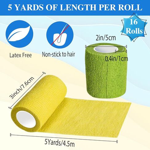 16 حزمة من الضمادات ذاتية اللصق، 3 بوصة × 5 ياردات، لفافة ضمادة متماسكة، غلاف بيطري ذاتي الالتصاق للحيوانات الأليفة، شريط رياضي مرن، شريط متماسك للرياضة، المعصم، الكاحل (متعدد الألوان) in Kuwait