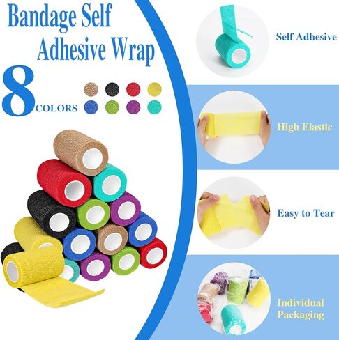 16 حزمة من الضمادات ذاتية اللصق، 3 بوصة × 5 ياردات، لفافة ضمادة متماسكة، غلاف بيطري ذاتي الالتصاق للحيوانات الأليفة، شريط رياضي مرن، شريط متماسك للرياضة، المعصم، الكاحل (متعدد الألوان) in Kuwait