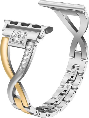 Wearlizer Pure Gold Silver Compatible with Apple Watch Band 38mm 40mm 41mm Womens for iWatch Color Matching 2-Tone Bling Rhinestone Metal Wristband Strap X-Link Bracelet Series SE/9/8/7/6/5/4/3/2/1 in Saudi Arabia