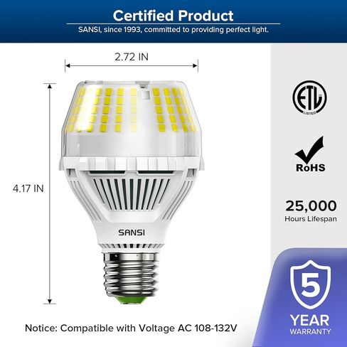 لمبة إضاءة LED قابلة للتعتيم من SANSI بقدرة 250 واط مكافئة، 5000 كيلو ضوء نهاري أبيض 4000 لومن A21 E26 لمبات LED ساطعة، عبوتان، عمر 22 عامًا، لمبة إضاءة موفرة للطاقة بقدرة 27 وات للمكتب المنزلي in Kuwait