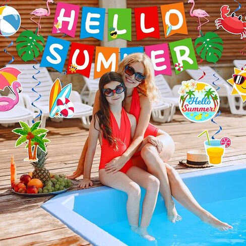 ديكورات حفلات الصيف، ديكورات حفلات الشاطئ تتضمن لافتة مرحبًا بالصيف ودوامات معلقة على الشاطئ في الصيف، مستلزمات حفلات أعياد الميلاد في عطلة الصيف in Kuwait
