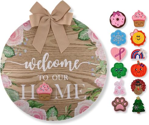 Interchangeable Welcome Sign, Wall Hanging Home Decor, Seasonal Front Door Wood Wreath, Housewarming or Holiday Gift with 12 Special Occasion Felties and Ribbon Bow - Standard Set in Saudi Arabia
